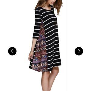 Anthropologie Puella Black White Stripe Mixed Media Swing Dress Aztec Panel XS‎